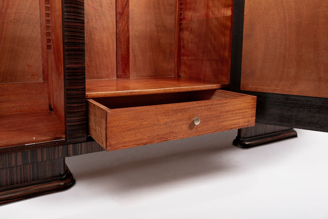 Antique French Art Deco Macassar Ebony Wood Wardrobe Armoire Cabinet, 1940s