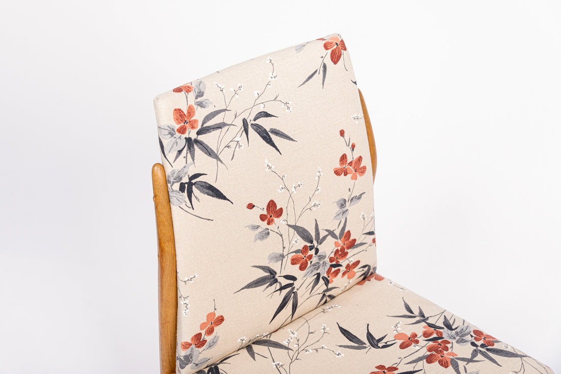 Vintage Mid Century Wood & Floral Fabric Side Chairs, 1950s