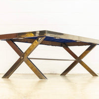 Mid Century Modern Chrome and Blue Strap Bench Milo Baughman Style