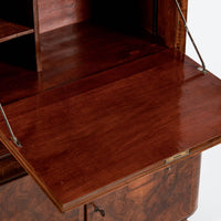 Antique Art Deco Burl Wood China Cabinet or Bar Cabinet with Drop-down Tabletop 1930s