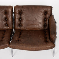 Vintage Mid Century Brown Leather Loveseat Sofa 1970s