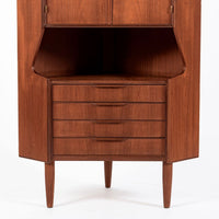 Mid Century Danish Teak Wood Corner Bar Cabinet 1960s