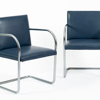 Mid Century Modern Blue Leather Brno Arm Chairs by Mies van der Rohe for Knoll, Set of 4