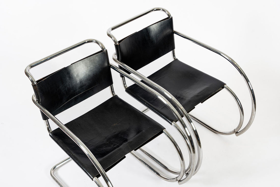 Bauhaus MR 20 Black Leather Arm Chairs by Mies van der Rohe for Knoll, 1979