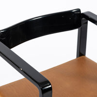 Mid Century Modern Black Lacquer and Brown Leather Arm Chairs 1970s