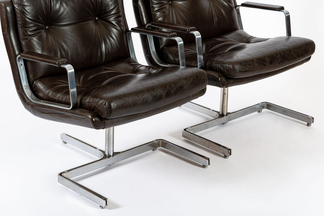 Mid Century French Brown Leather Lounge Chairs by Raphael Raffel 1970s
