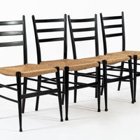 Vintage Mid Century Black Wood and Rush Wicker Dining Chairs