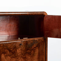 Antique Art Deco Burl Wood China Cabinet or Bar Cabinet with Drop-down Tabletop 1930s