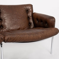 Vintage Mid Century Brown Leather Loveseat Sofa 1970s