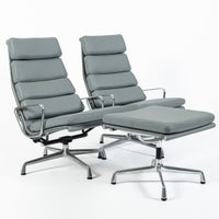 Pair Eames Soft Pad Recliners with Ottoman for Herman Miller, Gray Leather Aluminum Group