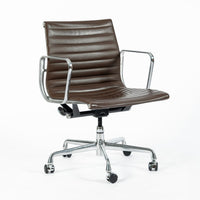 Set of 4 Eames Thin Pad Office Chairs for Herman Miller, Brown Leather Aluminum Group