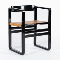 Mid Century Modern Black Lacquer and Brown Leather Arm Chairs 1970s