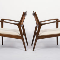 Mid Century White Lounge Chairs with Walnut and Cane Jens Risom Style