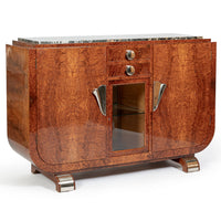 French Art Deco Amboyna Burl Sideboard or Bar Cabinet with Marble Top, Circa 1930