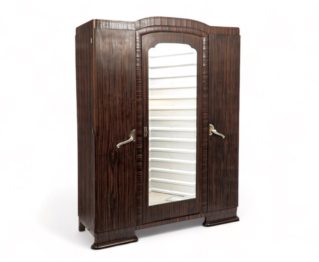 Antique French Art Deco Macassar Ebony Wood Wardrobe Armoire Cabinet, 1940s