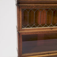 Antique Three Shelf Wood Barrister Bookcase Cabinet with Leaded Glass