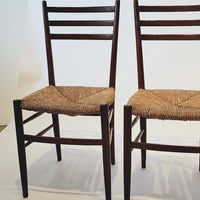 Vintage Rustic Modern Wood and Rush Wicker Dining Chairs, Set of 4