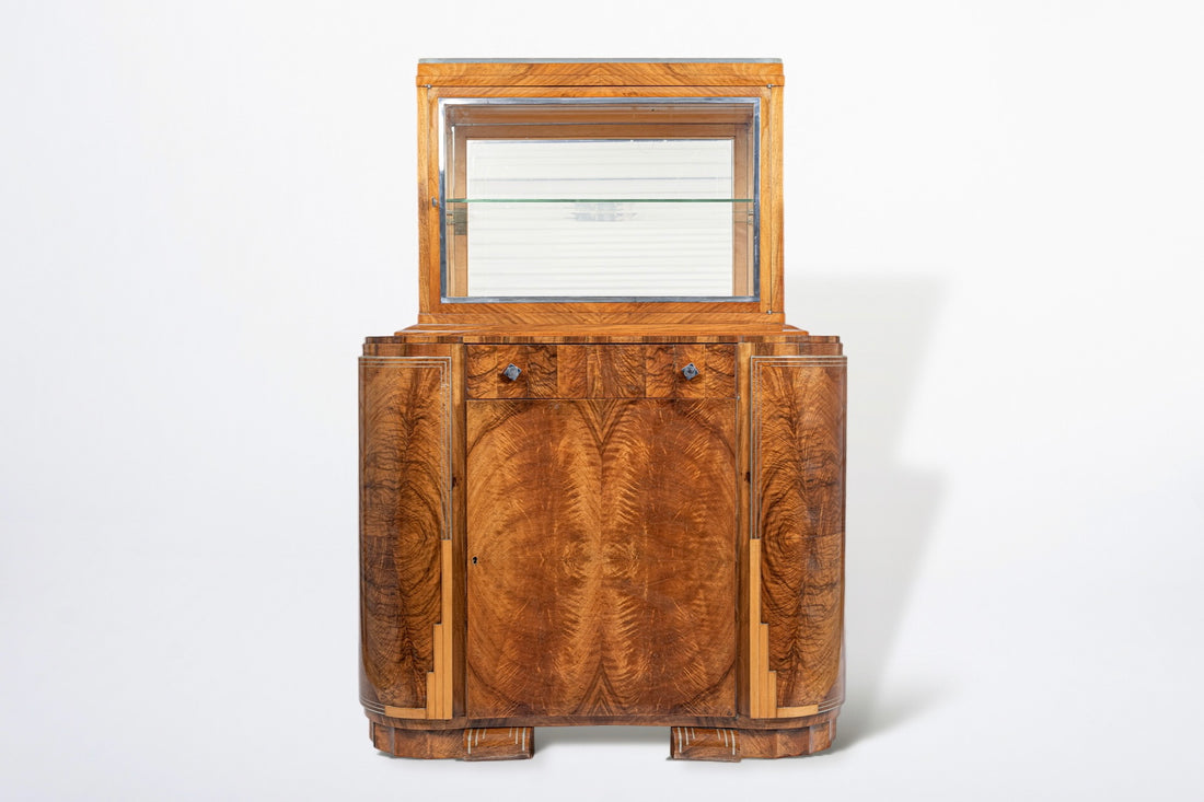 French Art Deco Burl Wood and Glass Bar Cabinet, 1930s