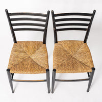 Vintage Mid Century Gio Ponti Leggera Style Black Wood and Rush Seat Side Chairs