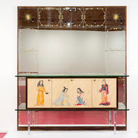 Mid Century Mirrored Bar Cabinet Credenza with Asian Motif, Made in Italy