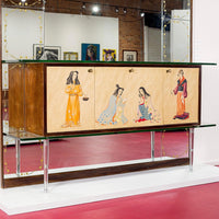 Mid Century Mirrored Bar Cabinet Credenza with Asian Motif, Made in Italy