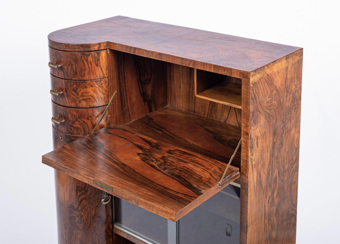 Antique Art Deco Burlwood Secretary Desk Cabinet, 1930s