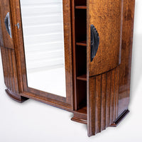 French Art Deco Burl Wood Mirrored Armoire Cabinet, 1930s