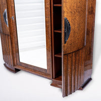 French Art Deco Burl Wood Mirrored Armoire Cabinet, 1930s