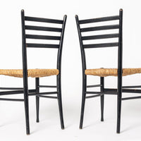 Vintage Mid Century Gio Ponti Leggera Style Black Wood and Rush Seat Side Chairs