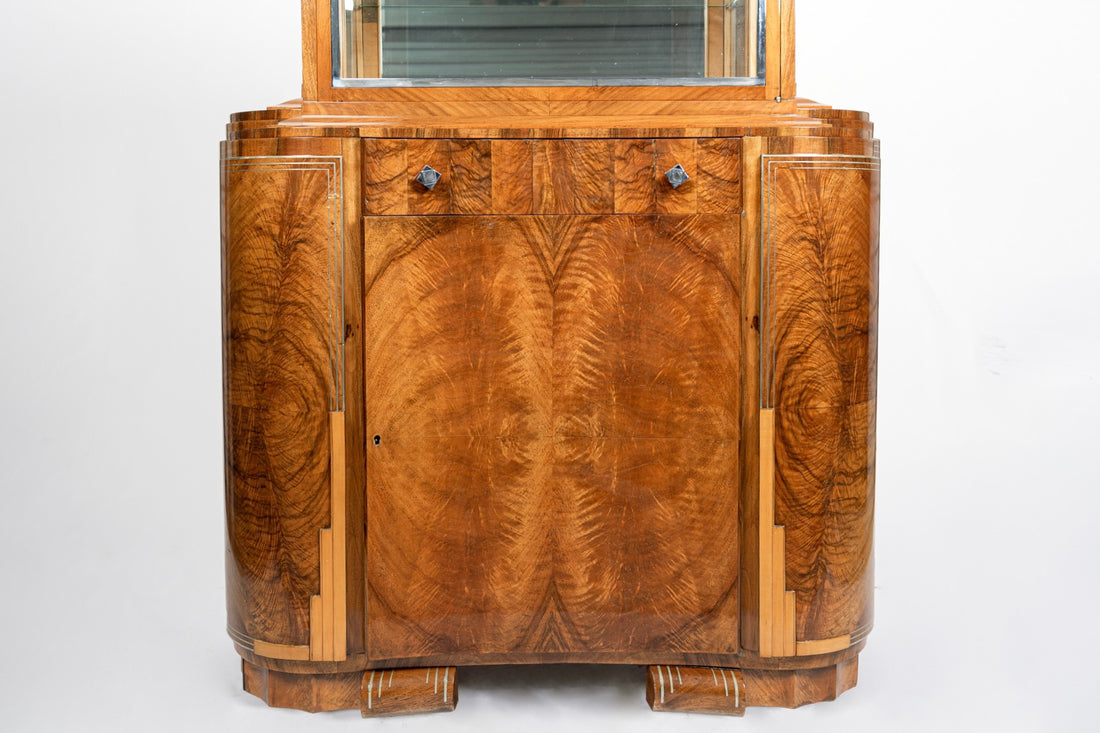 French Art Deco Burl Wood and Glass Bar Cabinet, 1930s