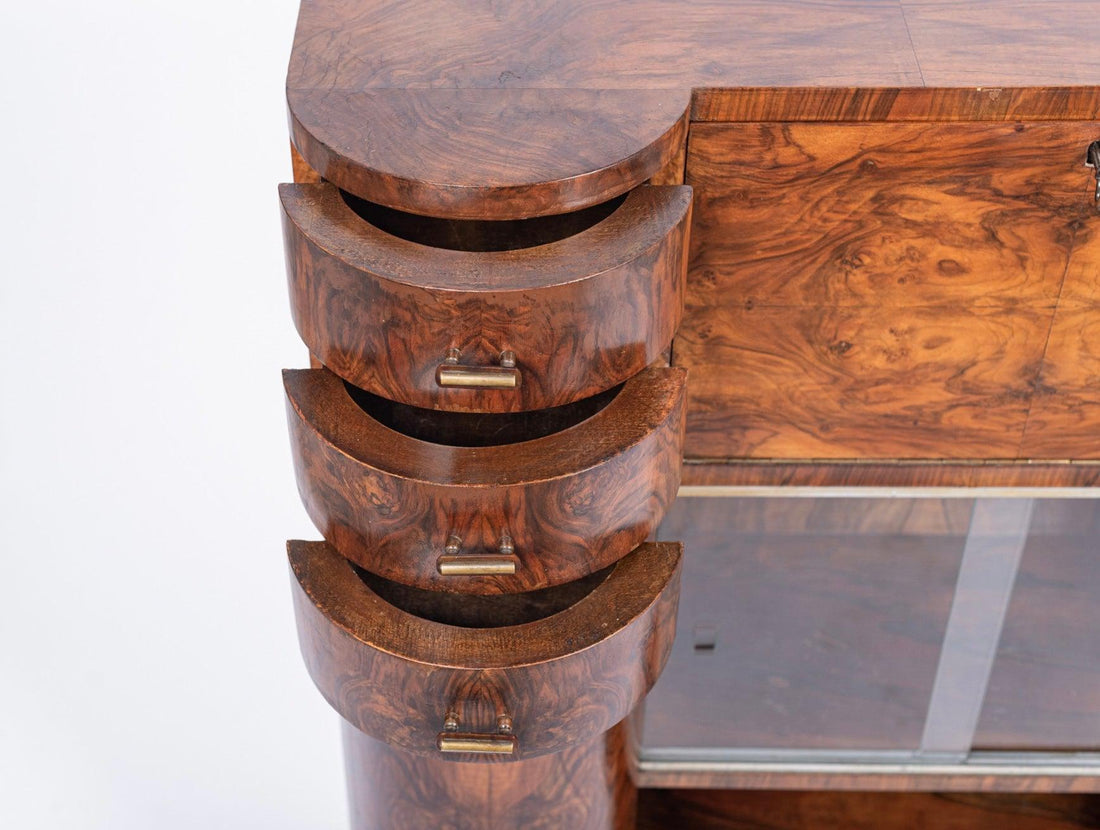 Antique Art Deco Burlwood Secretary Desk Cabinet, 1930s