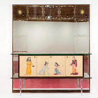Mid Century Mirrored Bar Cabinet Credenza with Asian Motif, Made in Italy