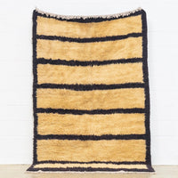 Vintage Turkish Tulu Beige and Black Striped Shaggy Wool Floor Rug, 5’ x 8’