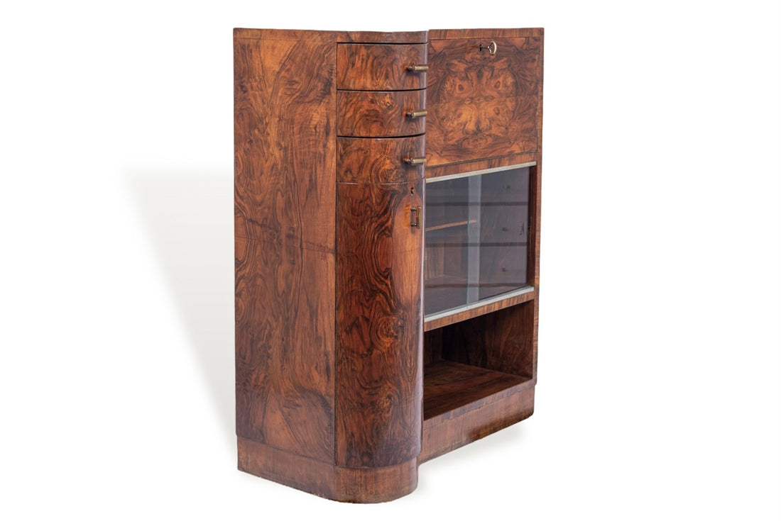 Antique Art Deco Burlwood Secretary Desk Cabinet, 1930s