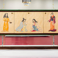 Mid Century Mirrored Bar Cabinet Credenza with Asian Motif, Made in Italy