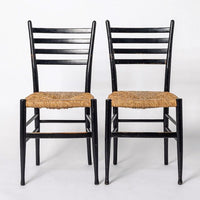 Vintage Mid Century Gio Ponti Leggera Style Black Wood and Rush Seat Side Chairs