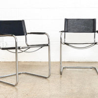 Vintage Pair of Mid Century Bauhaus Mart Stam Black Leather and Chrome Cantilever Arm Chairs