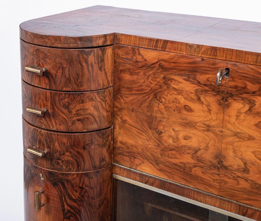Antique Art Deco Burlwood Secretary Desk Cabinet, 1930s