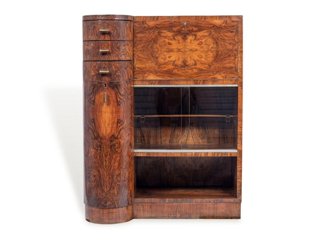 Antique Art Deco Burlwood Secretary Desk Cabinet, 1930s