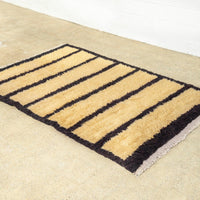 Vintage Turkish Tulu Beige and Black Striped Shaggy Wool Floor Rug, 5’ x 8’