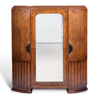 French Art Deco Burl Wood Mirrored Armoire Cabinet, 1930s