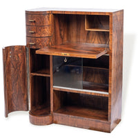 Antique Art Deco Burlwood Secretary Desk Cabinet, 1930s