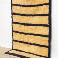Vintage Turkish Tulu Beige and Black Striped Shaggy Wool Floor Rug, 5’ x 8’