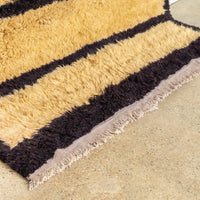 Vintage Turkish Tulu Beige and Black Striped Shaggy Wool Floor Rug, 5’ x 8’