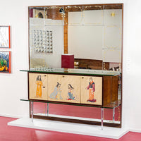 Mid Century Mirrored Bar Cabinet Credenza with Asian Motif, Made in Italy