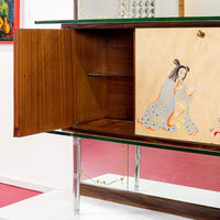 Mid Century Mirrored Bar Cabinet Credenza with Asian Motif, Made in Italy