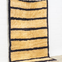 Vintage Turkish Tulu Beige and Black Striped Shaggy Wool Floor Rug, 5’ x 8’