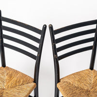Vintage Mid Century Gio Ponti Leggera Style Black Wood and Rush Seat Side Chairs