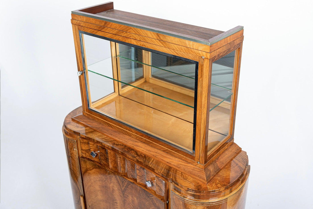 French Art Deco Burl Wood and Glass Bar Cabinet, 1930s