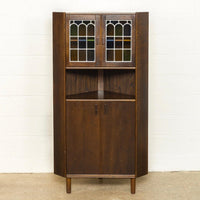 Vintage Mid Century Danish Modern Teak Stained Glass Corner China Cabinet